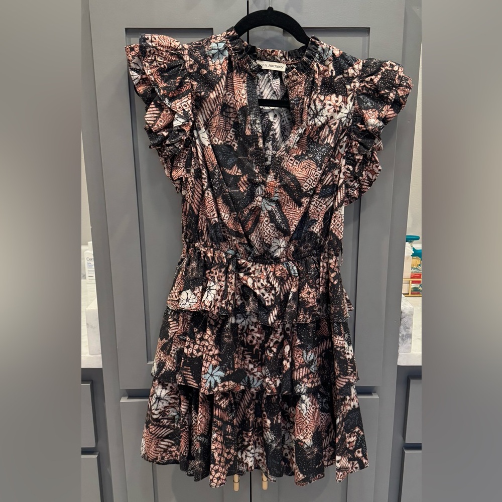 Ulla Johnson Black and Pink Ruffled Wrap Sundress